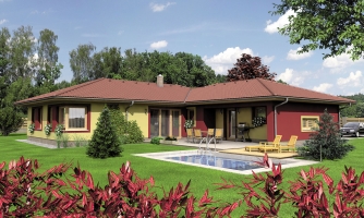 L-shaped house with two garages.